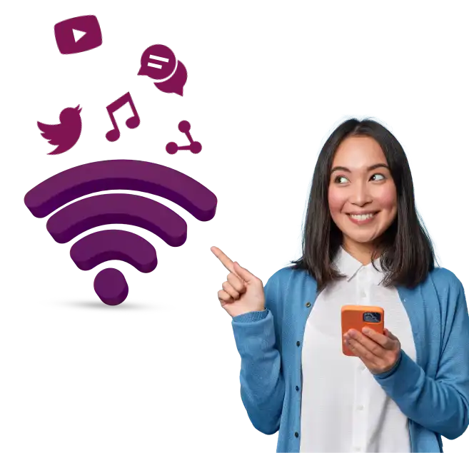 happy lady pointing wifi twitter youtube music