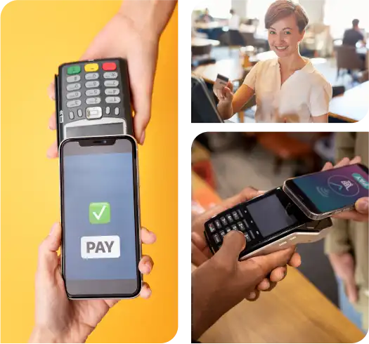 nfc contactless credit card reader smiling happy restaurant worker