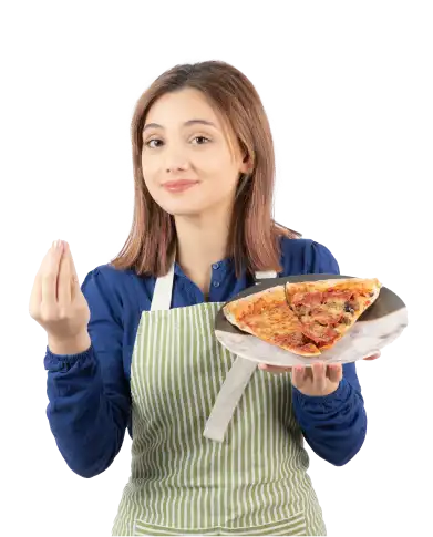 portrait woman kitchen apron showing plate pizza white