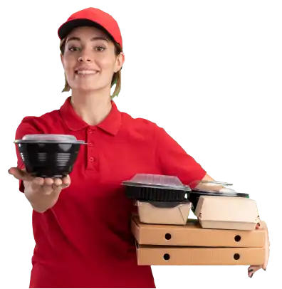 smiling young pretty delivery girl uniform holds paper food packages pizza boxes food containers green