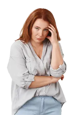 stop it irritated displeased annoyed redhead middleaged pressured woman touch temple look from forehead scorn bothered cannot stand anymore displeased intense white background